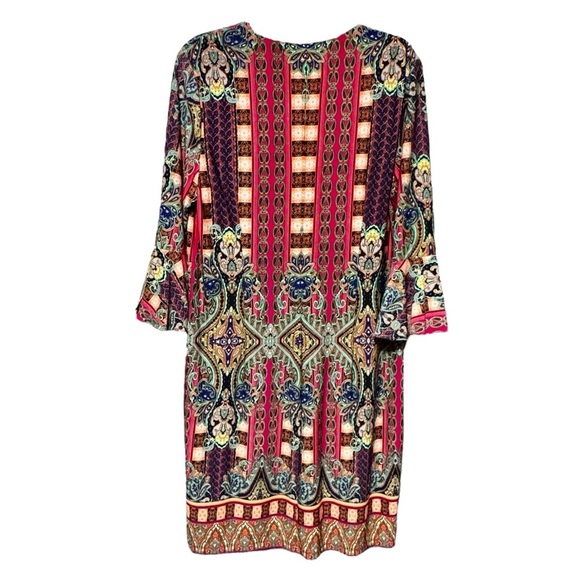 Nicole Miller Colorful Boho Paisley Print V-Neck 3/4 Length Bell Sleeve Dress - Picture 4 of 9